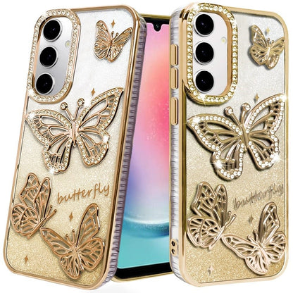 For Samsung Galaxy S24 Fan Edition /Galaxy S24 FE Luxury Butterfly Sparkle Glitter Diamond Crystal Rhinestone Shimmer Bling Plating Thick TPU Hard PC Case Cover