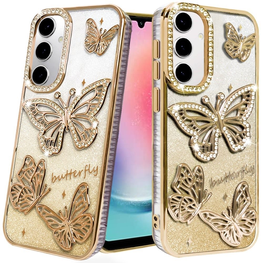 For Samsung Galaxy A16 Luxury Butterfly Sparkle Glitter Diamond Crystal Rhinestone Shimmer Bling Plating Thick TPU Hard PC Case Cover