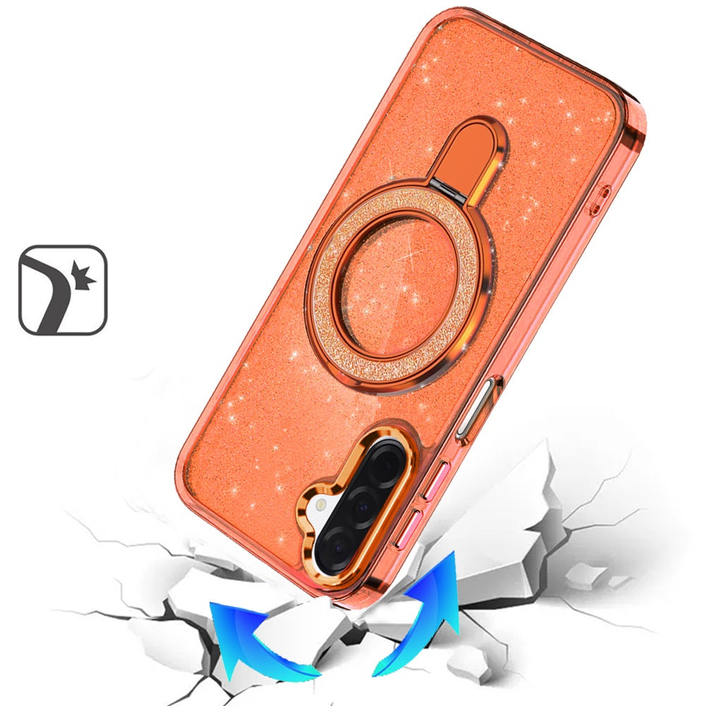 For Samsung Galaxy A16 5G Transparent Glitter Bling Case with Rotating Magnetic Ring Stand, Shockproof Hybrid Case Cover Cosmic Orange