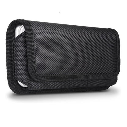 For Apple iPhone 16 Pro (6.3") Nylon Canvas Fabric Waist Belt Holster Horizontal Pouch Holds Large Phone Works with Thick Cases Universal Cover [Black]