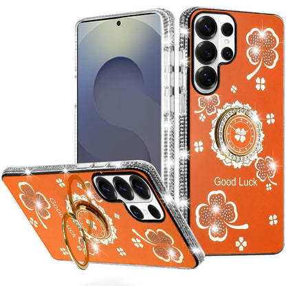 For Samsung Galaxy S25 Ultra Diamonds Bling All Around Edges Sparkly Glitter Hybrid with Ring Stand Holder Fashion Good Luck Case Cover Cosmic Orange