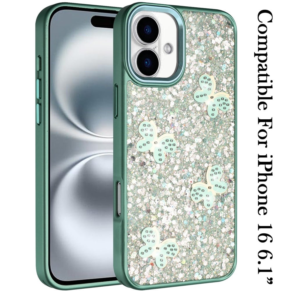 For iPhone 16 (6.1") Cute Butterfly Crystal Diamond Glitter Case Sparkle Bling Frame Metallic Edges, Shimmer TPU Hybrid Case Cover