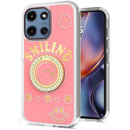 For Motorola Moto G 5G 2025 Smiling Glitter Ornament Bling Sparkle with Ring Stand Hybrid Slim TPU + Hard Back Shell Case Cover