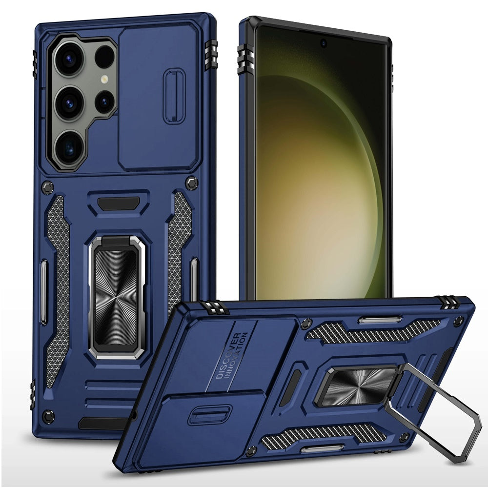 For Samsung Galaxy S20 Ultra Tough Hybrid Case with Movable Camera Window & Metal Ring Stand Shockproof Case Cover Blue