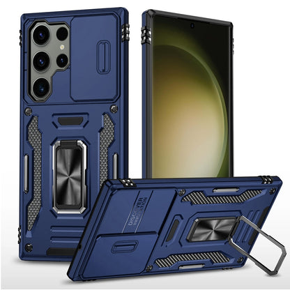 For Samsung Galaxy Z Flip 7 FE Tough Hybrid Case with Movable Camera Window & Metal Ring Stand Shockproof Case Cover Blue