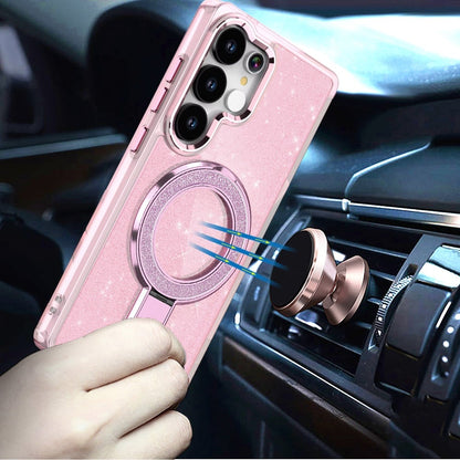 Phone Case for Samsung Galaxy S25 Ultra Colofull Transparent Glitter Magnetic Ring Stand Shockproof Rotating Grip Protective Hybrid Durable Cover Light Pink