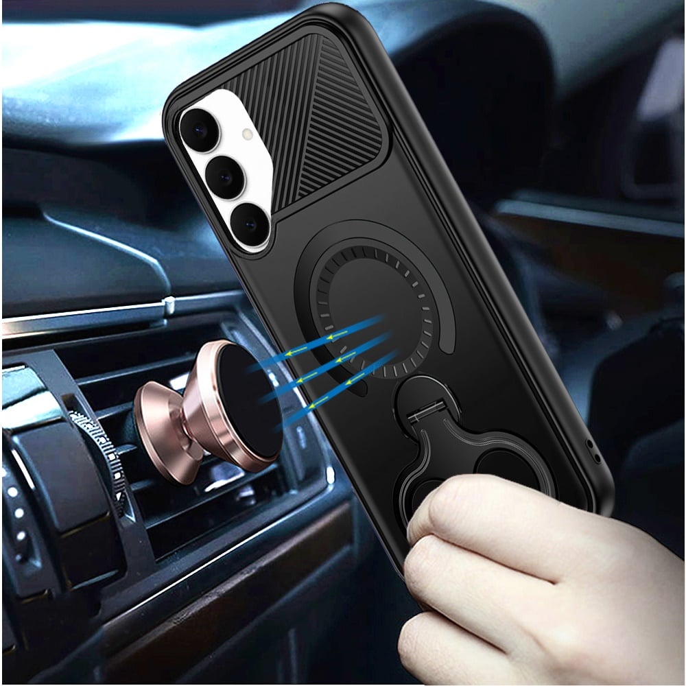 Phone Case for Samsung Galaxy S25 FE, S25 Fan Edition Magnetic 2 Ring Stand Car Mount Friendly Shockproof Rugged Grip Armor Dual Ring Kickstand Heavy Duty Hybrid Cover Black