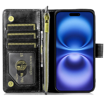 For Apple iPhone 17 Air (6.6") Leather Wallet Case with Zipper, 9 Card Slots, Cash Pocket, Stand & Strap, Clutch Pouch Design Case Cover