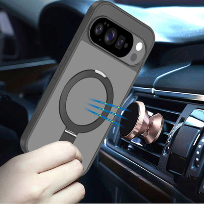 For Google Pixel 10 Pro XL Magnetic Circle Back with Ring Stand Full Rotation Matte Hybrid Shockproof Case Cover Black