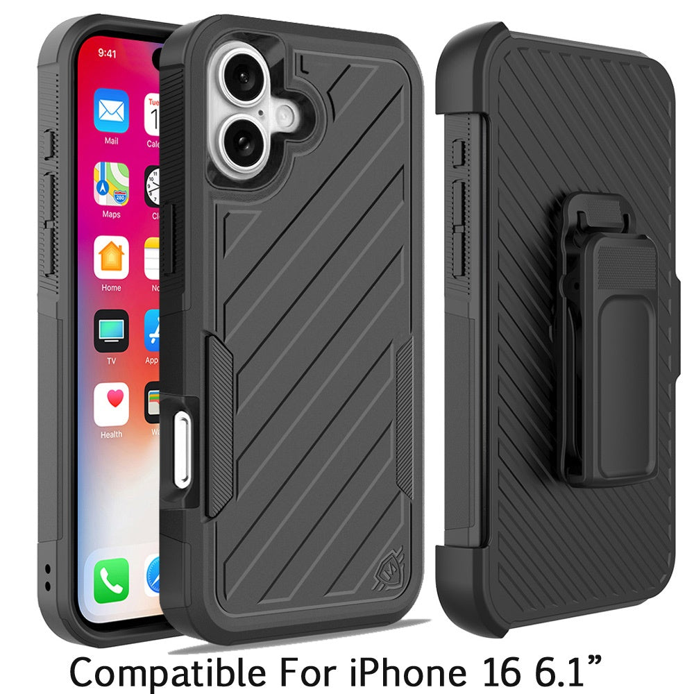 For Apple iPhone 16 (6.1") Combo Hybrid lined with Belt Clip Holster Armor Shockproof Rugged Textured 2in1 Non Slip Tough Case Cover Black / Black
