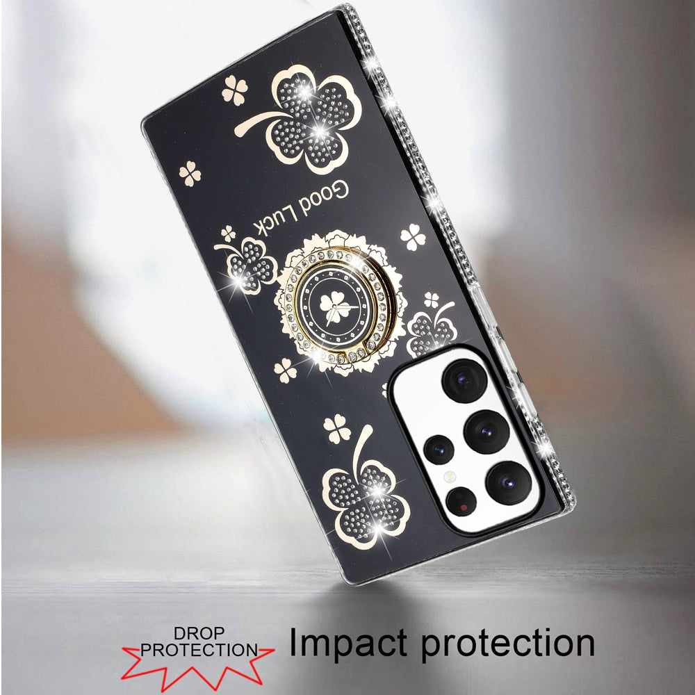 For Samsung Galaxy S22 Ultra Diamonds Bling All Around Edges Sparkly Glitter Hybrid Ring Stand Holder Fashion Good Luck Case Cover