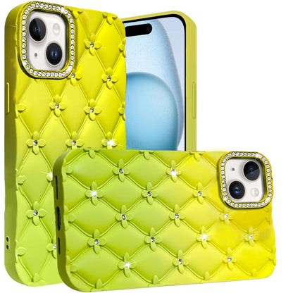 For iPhone 15 (6.1") Fashion Flower Design Sparkle Glitter Shimmer Rhinestone Bling Floral Accents, Leather Texture TPU Case Cover Yellow/Green