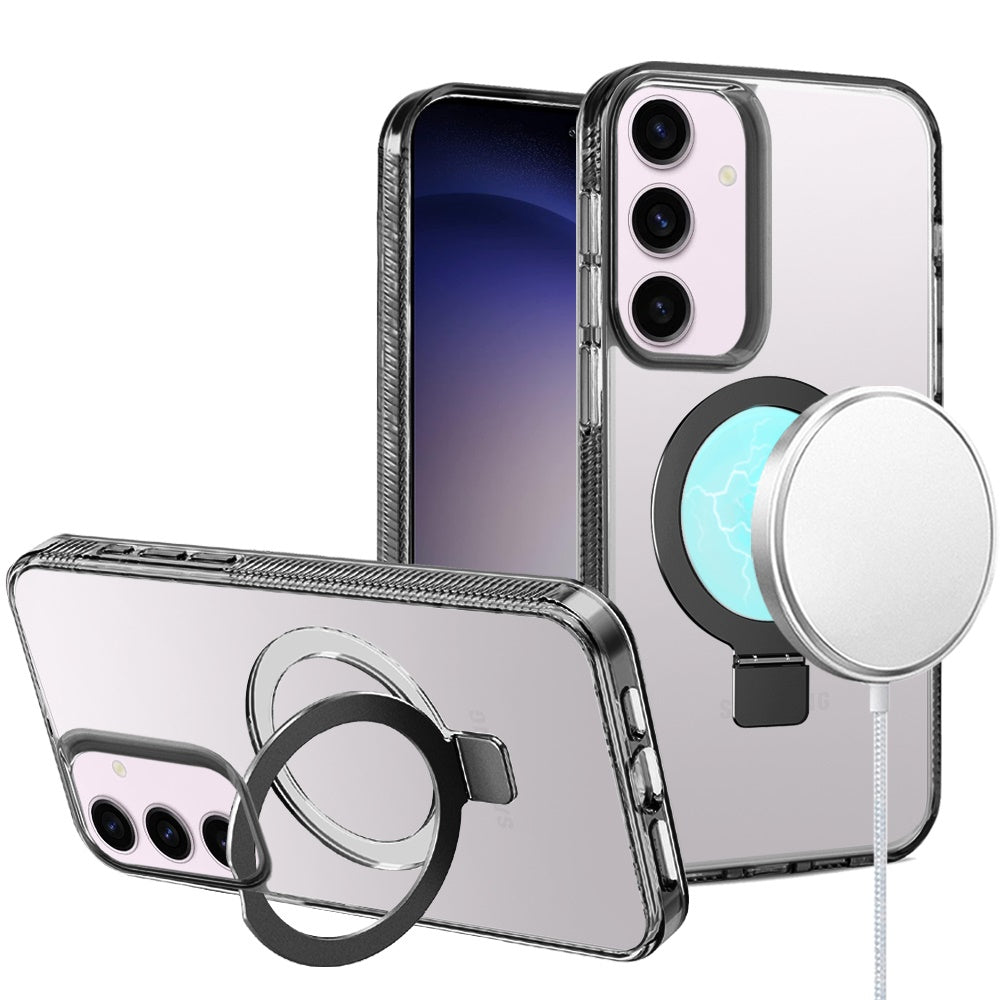 Phone Case for Samsung Galaxy S23+ /S23 Plus Transparent Dotted Edge Magnetic Ring Stand Shockproof Hybrid Grip Kickstand Clear Rugged Drop Protection Cover Black