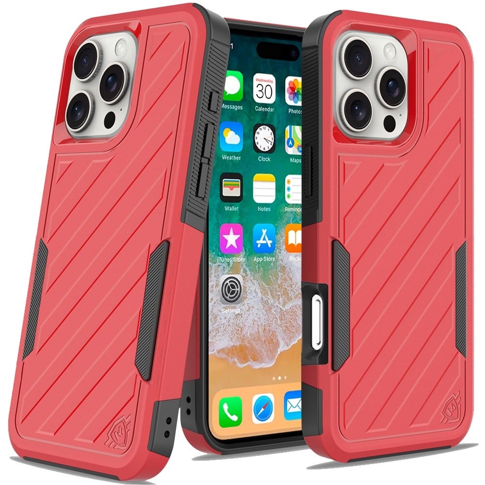 For Apple iPhone 16 Pro Hybrid lined shockproof dual layer Rugged 2in1 Hard PC & Silicone TPU Non Slip Textured Tough Armor Case Cover Red+Black