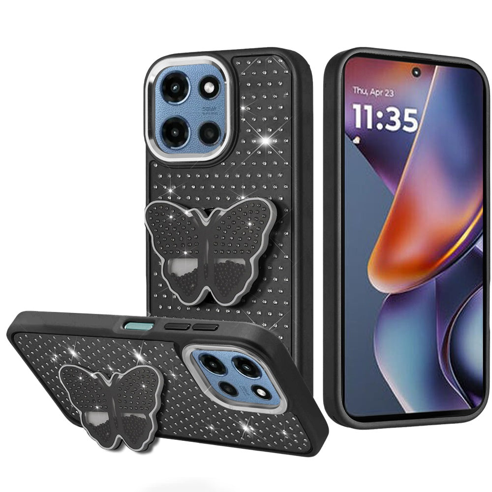 Phone Case for Motorola Moto G Play 5G 2026 Butterfly Grip Pop Stand Diamond Sparkle Hybrid Shockproof Metal Button Slim Protective Grip Decorative Design Cover Black