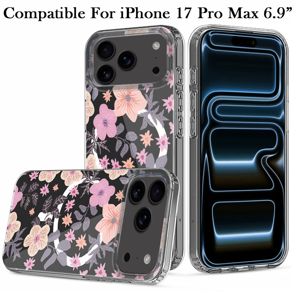 For Apple iPhone 17 Pro Max Hybrid Flower Design Stylish Fashion Case, MagSafe Compatible, Thick Shockproof Hard PC Case Cover