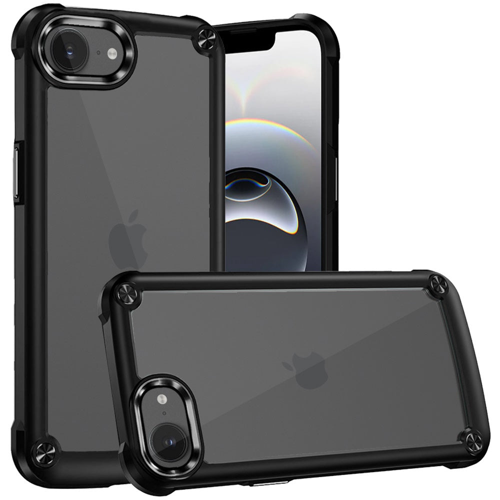 For Apple iPhone 17E /16E Hybrid Transparent Rubber with Metal Buttons & Camera Edges Hard TPU Corner Frame Bumper Case Cover