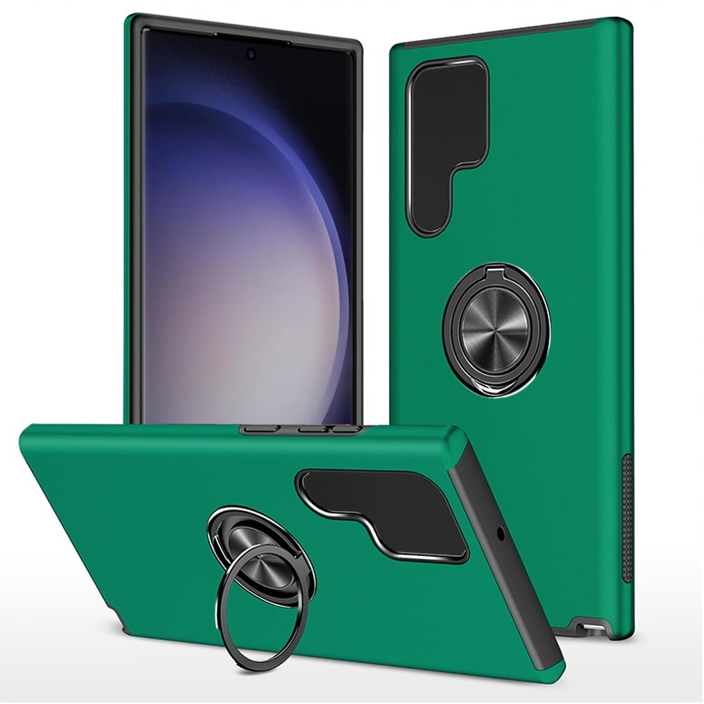 For Samsung Galaxy S24+ Plus Hybrid 360 Degree Rotatable Metal Invisible Ring Stand Holder Slim Fit Magnetic Car Mount Shockproof Case Cover Dark Green