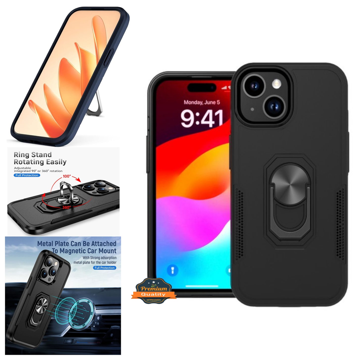 For Samsung Galaxy A16 Slim Hybrid Case with Ring Stand 360° Rotate & Magnetic Back Grip Kickstand Military Grade Shockproof Protector