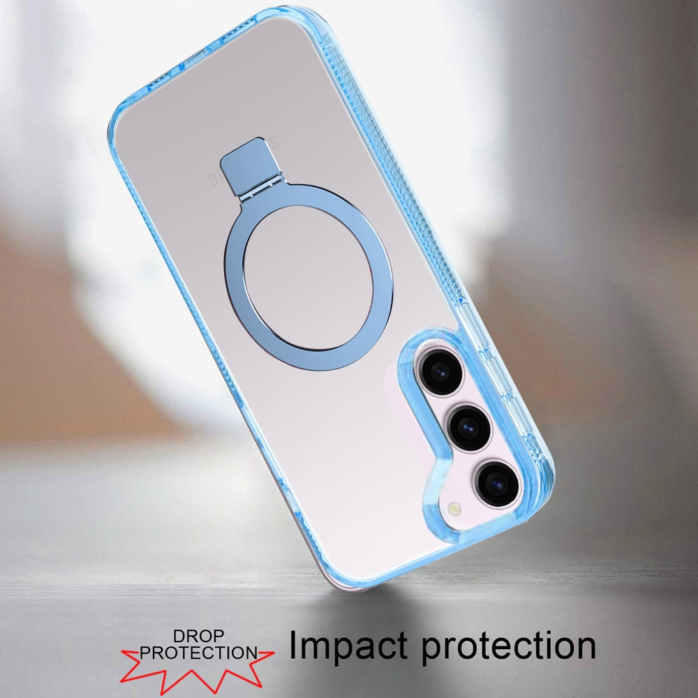 For Apple iPhone 17E /16E Transparent Magnetic Ring Circle Stand with MagSafe Compatible Hybrid Dotted Edged Hard PC Shockproof Case Cover Light Blue