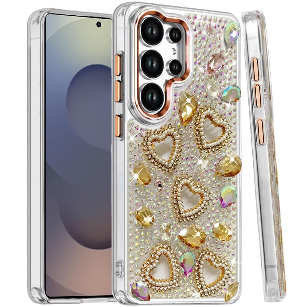 Phone Case for Samsung Galaxy S25 Ultra Luxury Crystal Heart Rhinestone Diamond Bling Shockproof Hybrid Glitter Protective Stylish Durable Grip Cover