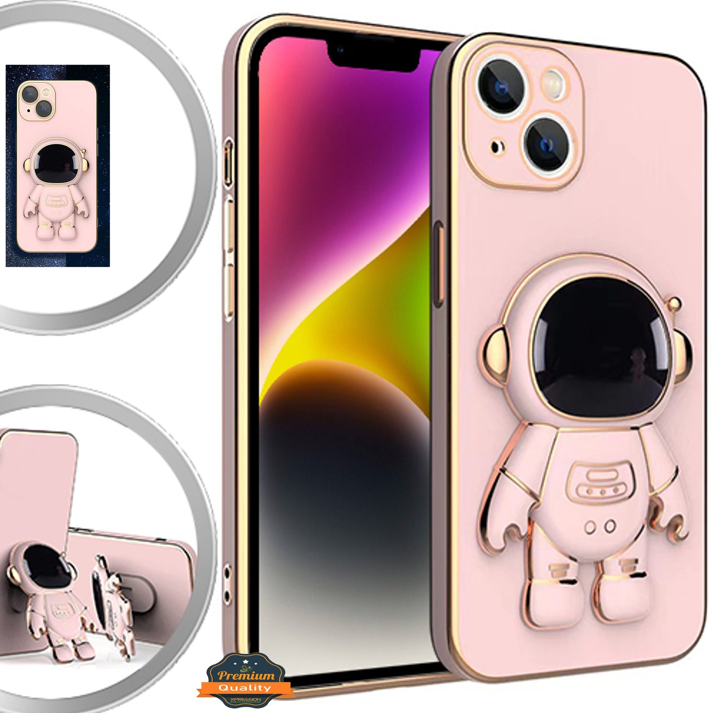 For Apple iPhone 16 Plus (6.7") Astronaut Hidden Stand Holder Plating Hybrid Electroplated Bumper Shockproof Armor Cute Case Cover