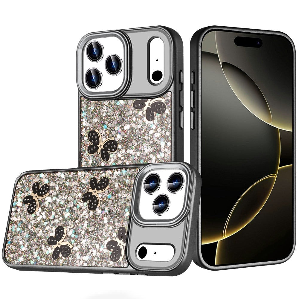 For Apple iPhone 17 Pro (6.3") Cute Butterfly Crystal Diamond Glitter Case Sparkle Bling Frame Metallic Edges, Shimmer TPU Hybrid Case Cover