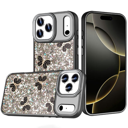 For Apple iPhone 17 Pro (6.3") Cute Butterfly Crystal Diamond Glitter Case Sparkle Bling Frame Metallic Edges, Shimmer TPU Hybrid Case Cover