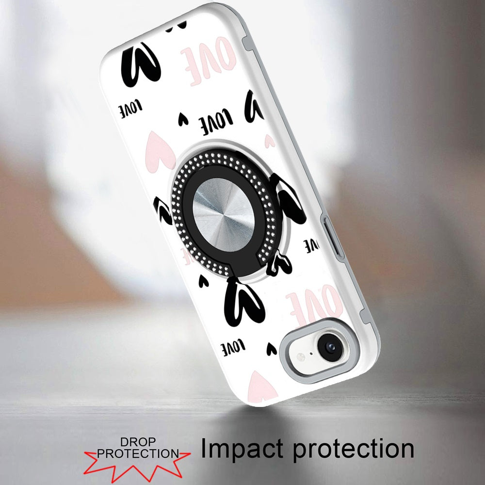 For Apple iPhone 16e Pattern Design Hybrid with Invisible Ring Stand & Magnetic Back, Shockproof Protective Grip Case Cover Love Heart Love