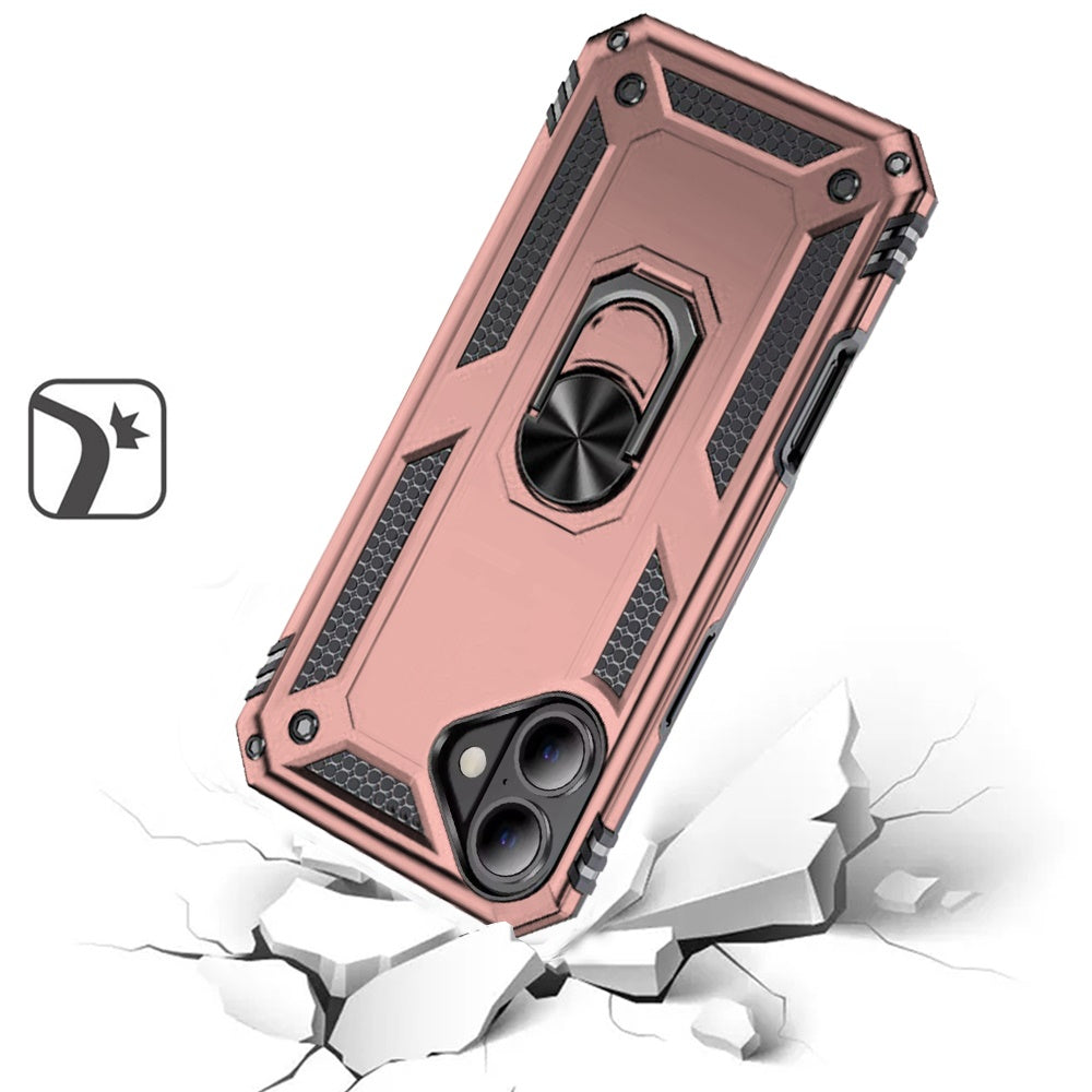 For iPhone 16 (6.1") Hybrid Shockproof Durable 360 Degree Rotatable Ring Stand Holder Kickstand Fit Magnetic Car Mount Case Cover Rose Gold