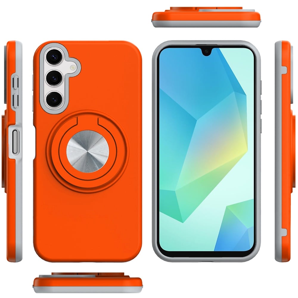 For Samsung Galaxy A16 5G Metal Matte Hybrid with Invisible Rotational Ring Stand, Car Mount Friendly, Military Grade Slim Fit Sturdy Case Cover Cosmic Orange