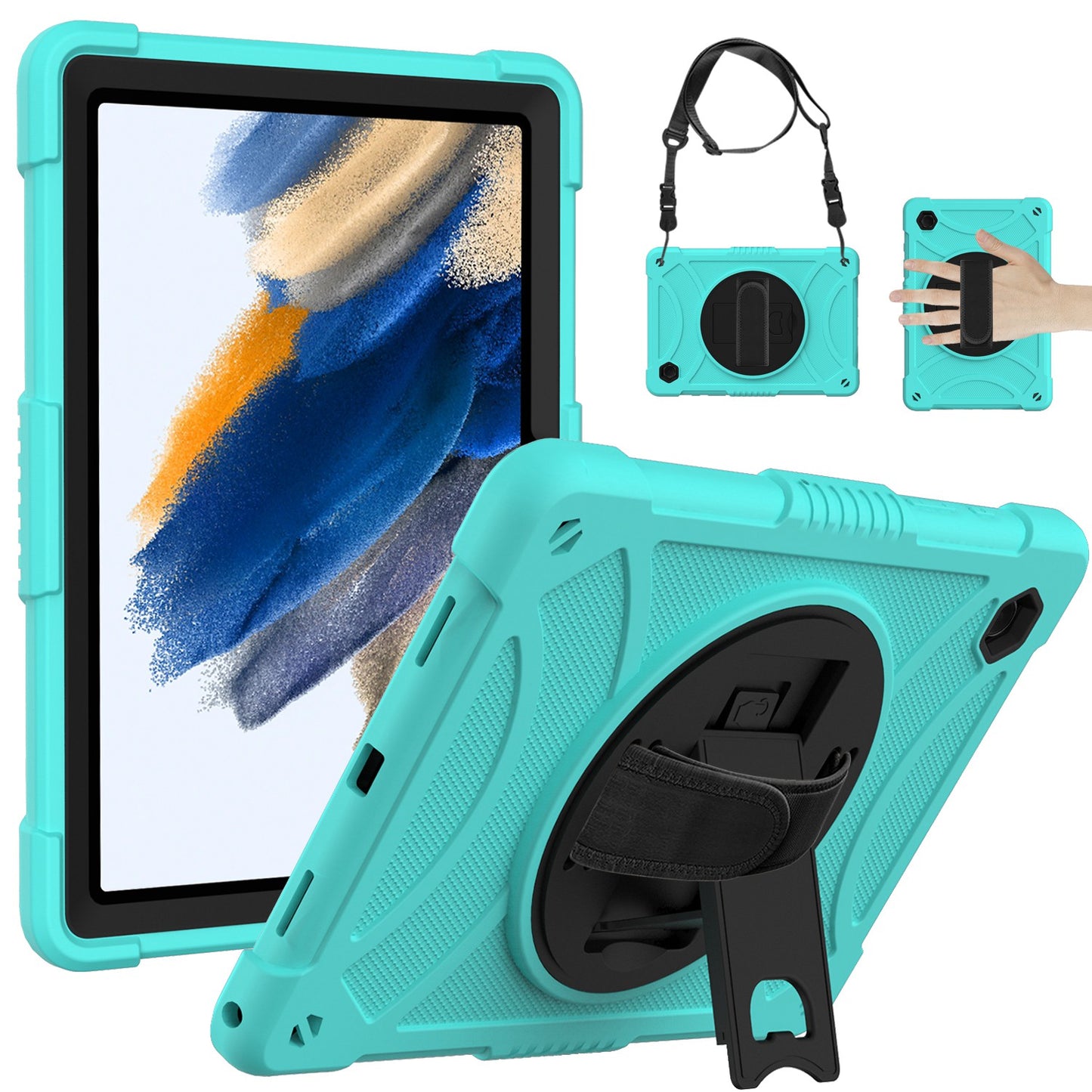 For 3-in-1 Tough Hybrid Shockproof Protector Silicone TPU with Pencil Holder, Kickstand, Hand & Shoulder Strap Teal Tablet Case Cover