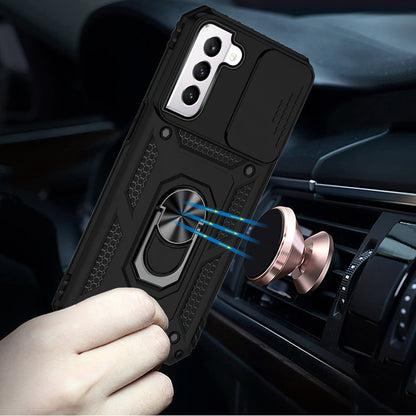 For Samsung Galaxy S21+ / S21 Plus Hybrid Ring Shockproof with 360° Rotate Ring Kickstand, Camera Lens Protection, Soft Edge Bumper Case Cover Black