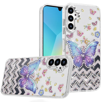 For Samsung Galaxy A16 5G Butterfly Resin Epoxy Diamond Design Metal Edged Hybrid Shockproof Heavy Duty Drop Protection Case Cover