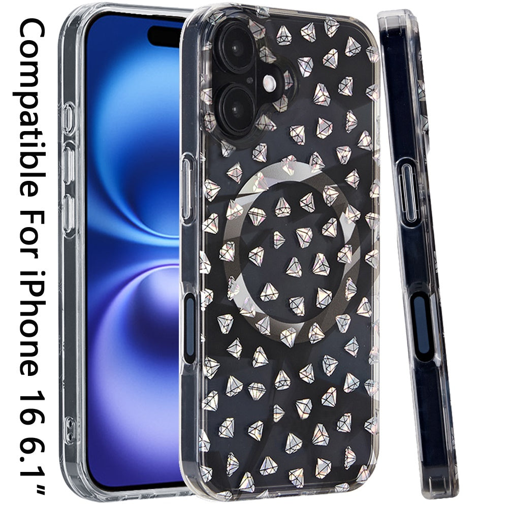 For Apple iPhone 16 (6.1") Floral Pattern Design Cute Clear Hybrid Compatible with Magsafe Double Layer Soft TPU Hard PC Back Slim Case Cover