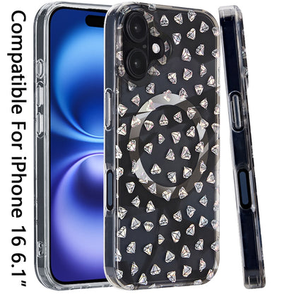 For Apple iPhone 16 (6.1") Floral Pattern Design Cute Clear Hybrid Compatible with Magsafe Double Layer Soft TPU Hard PC Back Slim Case Cover