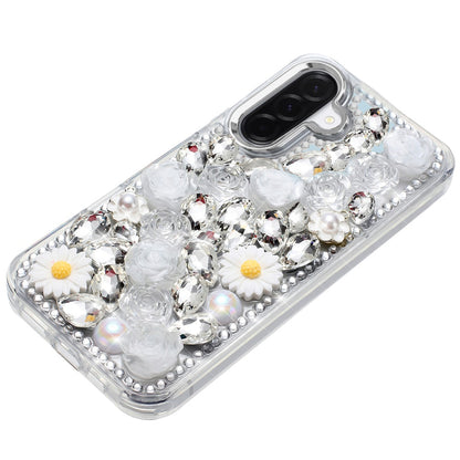 For Samsung Galaxy S25 Fan Edition /Galaxy S25 FE Fashion Daisy Floral Series, Full 3D Bling Crystal Diamonds Sparkling Rhinestone Glitter Hybrid Design Case Cover