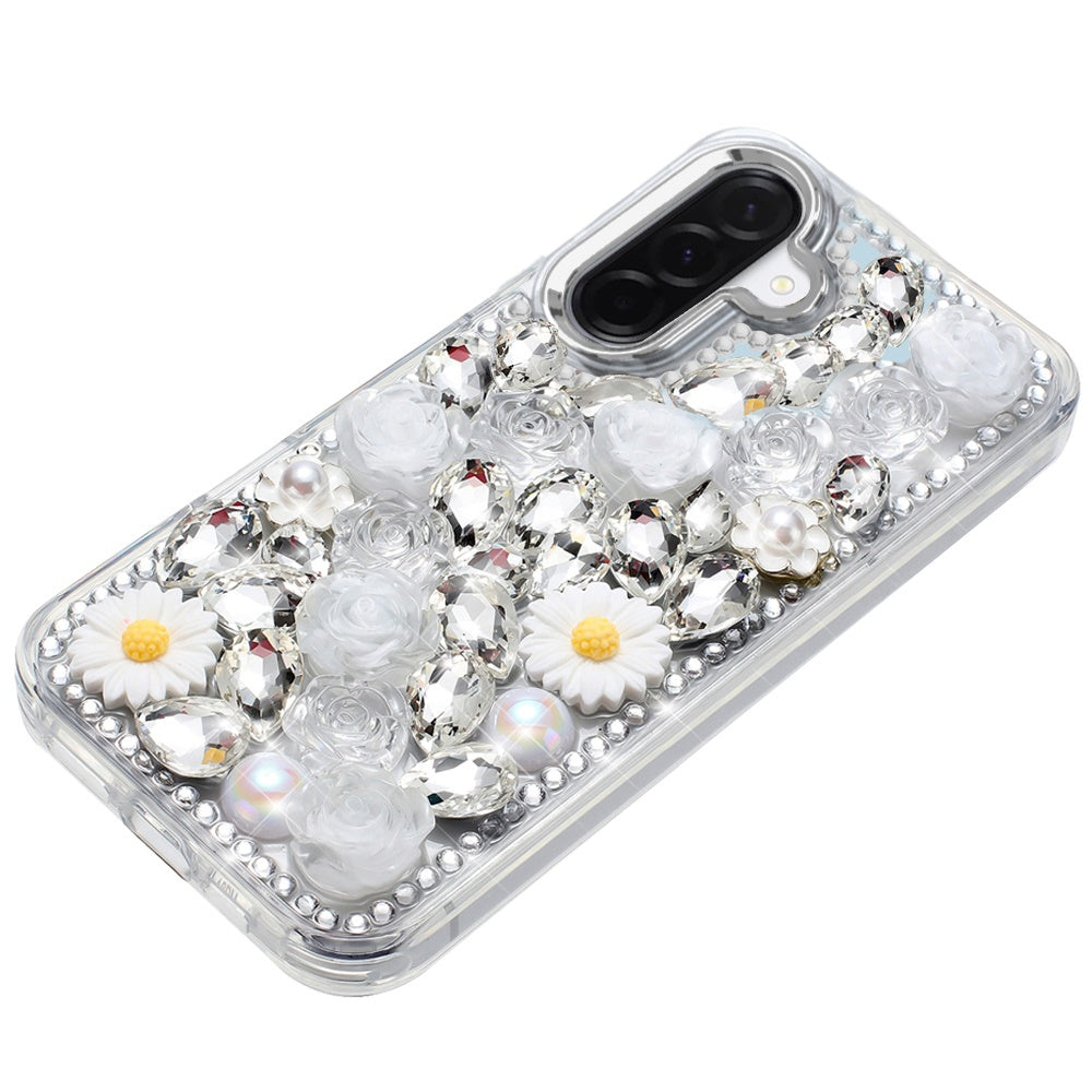 For Samsung Galaxy A17 5G Fashion Daisy Floral Series, Full 3D Bling Crystal Diamonds Sparkling Rhinestone Glitter Hybrid Design Case Cover White