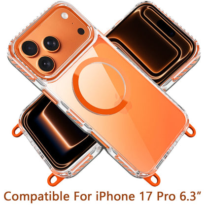 For Apple iPhone 17 Pro (6.3") Clear Magnetic Frame PC Back Shockproof Protective Case with Detachable Lanyard Strap, Compatible with MagSafe Case Cover Cosmic Orange