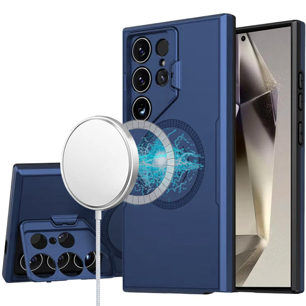 For Samsung Galaxy S25 Ultra Foldable Camera Protector Kickstand with MagSafe Compatible, Dual Layer Hybrid Shockproof Case Cover