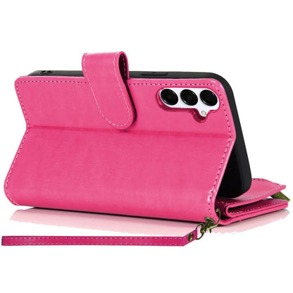 For Samsung Galaxy A15 5G Leather Wallet Case with Zipper, 9 Card Slots, Cash Pocket, Stand & Strap, Clutch Pouch Design Case Cover Hotpink