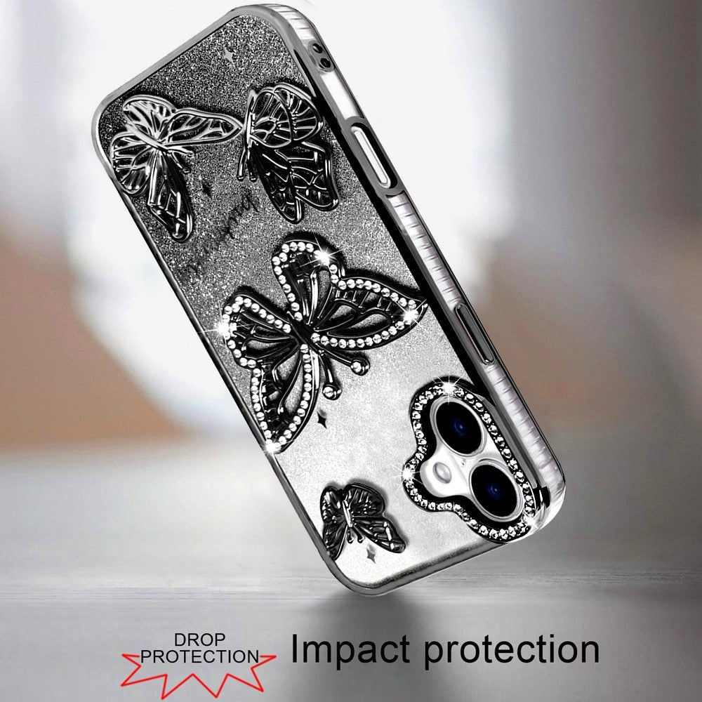 For Apple iPhone 17 (6.3") Luxury Butterfly Sparkle Glitter Diamond Crystal Rhinestone Shimmer Bling Plating Thick TPU Hard PC Case Cover