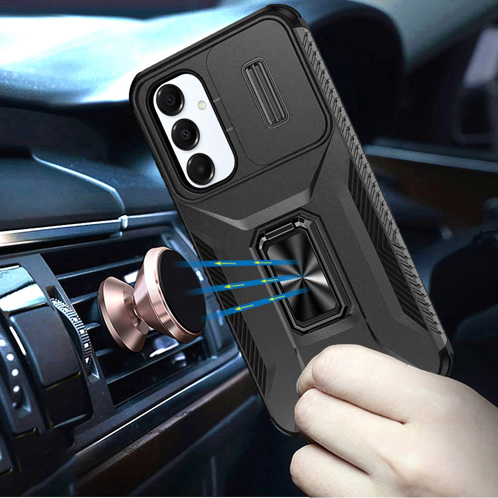 For Samsung Galaxy A54 Case, Camera Cover with Magnetic Rotation Ring Stand, Military Grade Hybrid Hard TPU Shockproof Case Cover Black