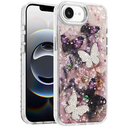 For Apple iPhone 16e Epoxy Glitter Flowers Bling 3D Butterfly Fashion TPU Hybrid with Shockproof Protection Case Cover