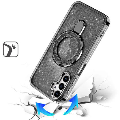 For Samsung Galaxy S25 Ultra Transparent Glitter Bling Case with Rotating Magnetic Ring Stand, Shockproof Hybrid Case Cover