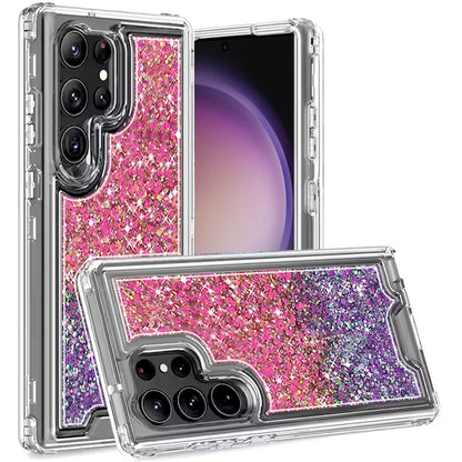 For Samsung Galaxy S23 Ultra Epoxy Bling Glitter Sparkly 3-in-1 Transparent Hybrid Full-Body Shockproof PC Bumper Case Cover Hot Pink+Purple