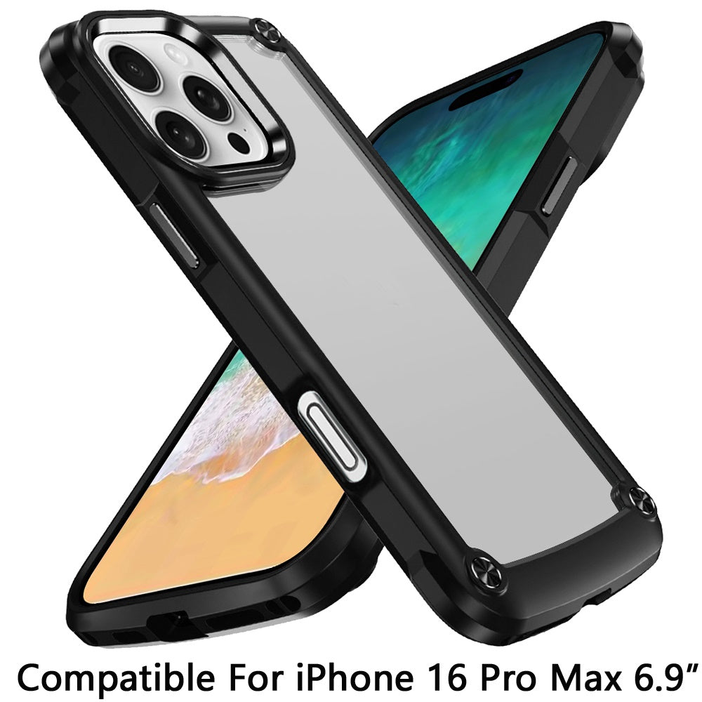 For Apple iPhone 16 Pro Max (6.9") Hybrid Transparent Rubber with Metal Buttons & Camera Edges Hard TPU Corner Bumper Case Cover