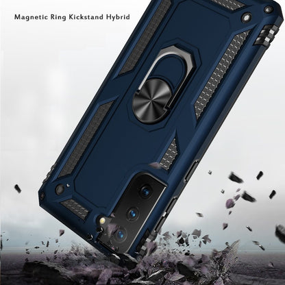 For Samsung Galaxy S21 Fan Edition / S21 FE Hybrid Shockproof Durable 360 Degree Rotatable Ring Stand Holder Kickstand Fit Magnetic Car Mount Case Cover Blue