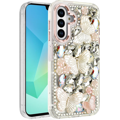 For Samsung Galaxy A36 3D Diamond Floral Butterfly Bling Stone Hybrid, Sparkly Rhinestone Gemstone Back Shockproof Case Cover