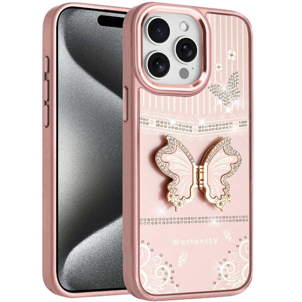 Phone Case for iPhone 15 Pro Max (6.7") Glitter Bling Butterfly Stand Metallic Edge Hybrid Shockproof Grip Durable Camera Protection Stylish Design Cover